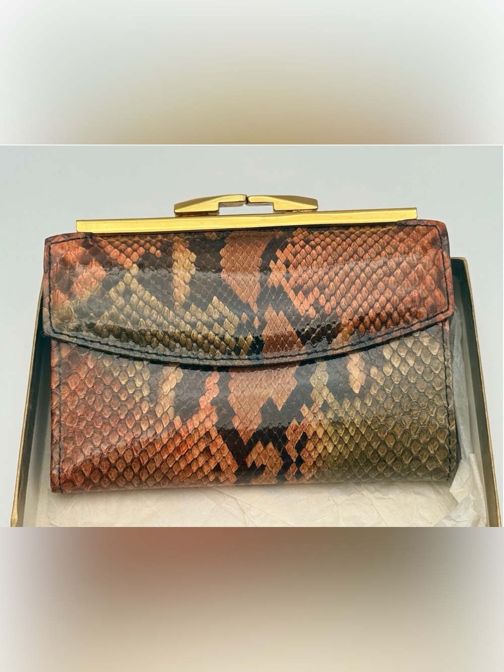Vintage Bosca PYTHON Leather Gold Tone Clutch Wallet w/Original Box Made in USA